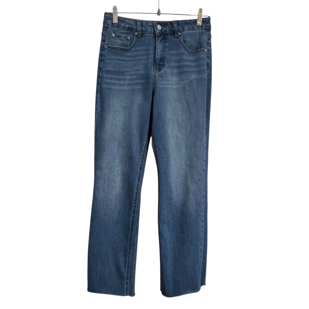 OAT New York Jeans Womens 26 Blue Straight Leg Stretch Raw Hem Denim